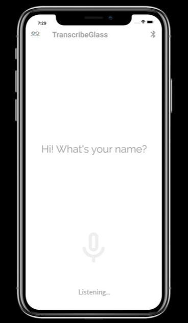 TranscribeGlass companion mobile app displaying speech to text transcript