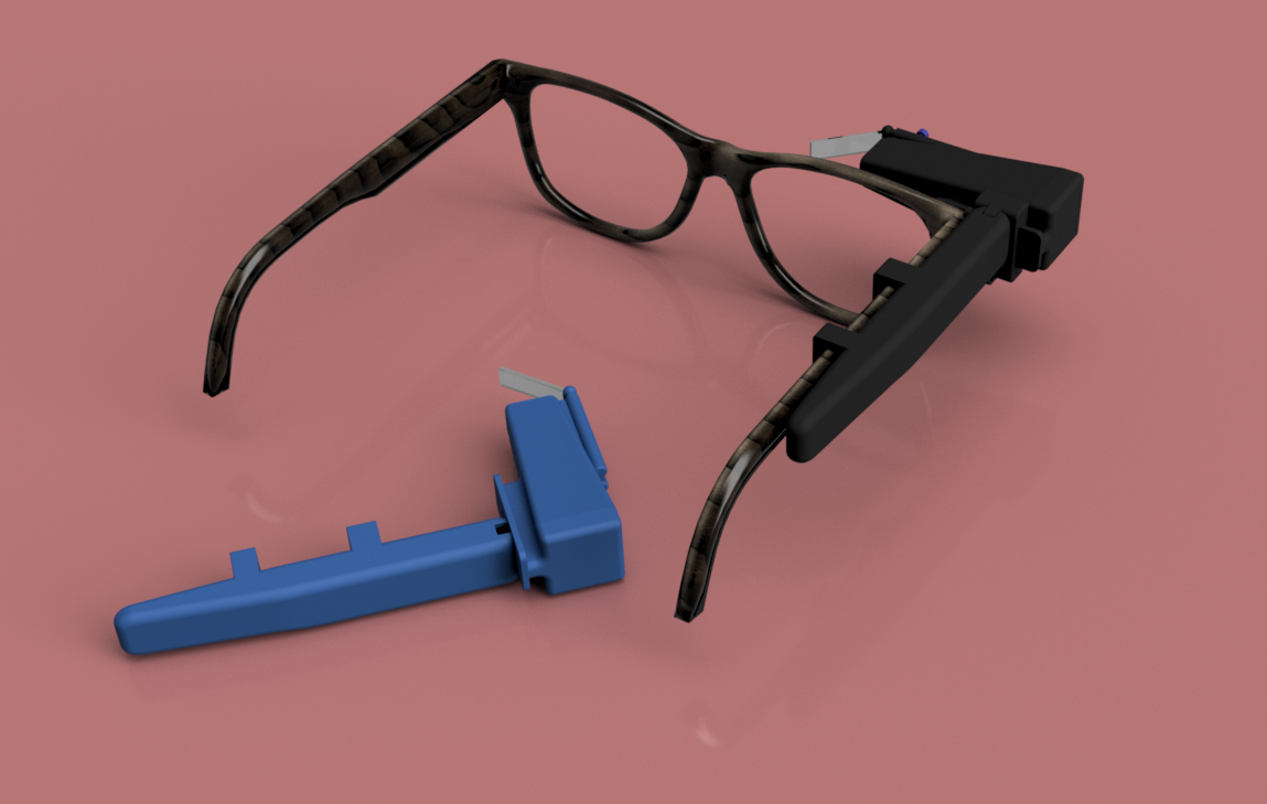 Black TranscribeGlass device attached to glasses, and an independent blue device on a pink background