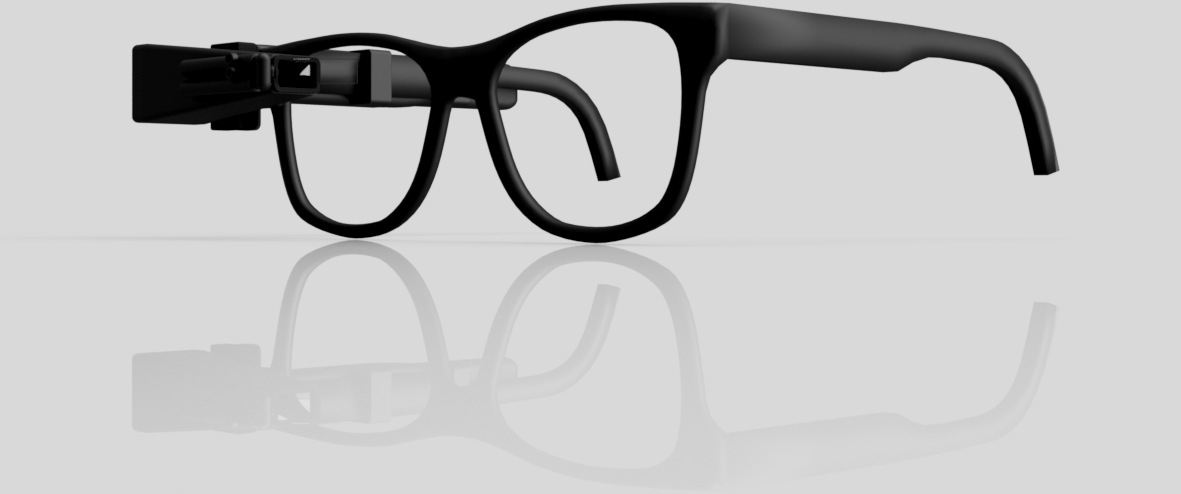 Black TranscribeGlass device retrofitted to spectacle frames